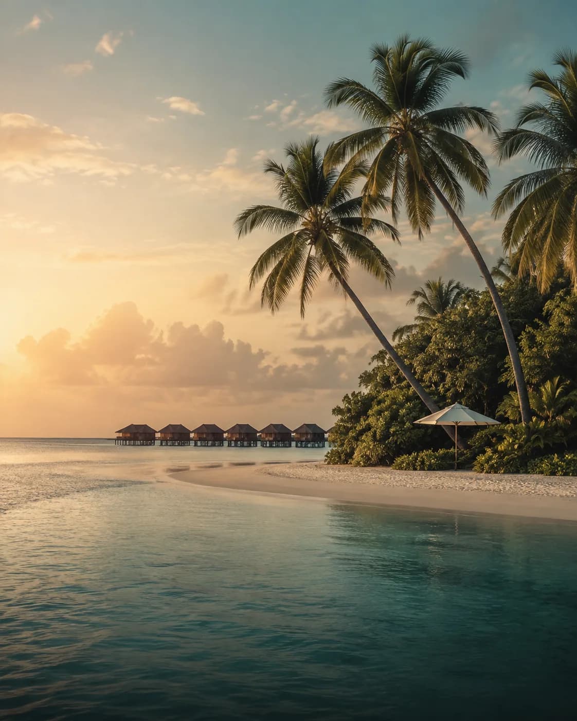 Tropical island holiday with clear water and palms