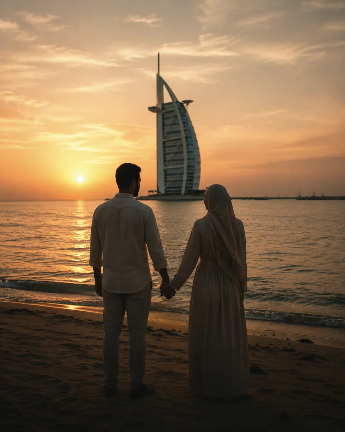Couple enjoying a quiet sunset honeymoon by the sea
