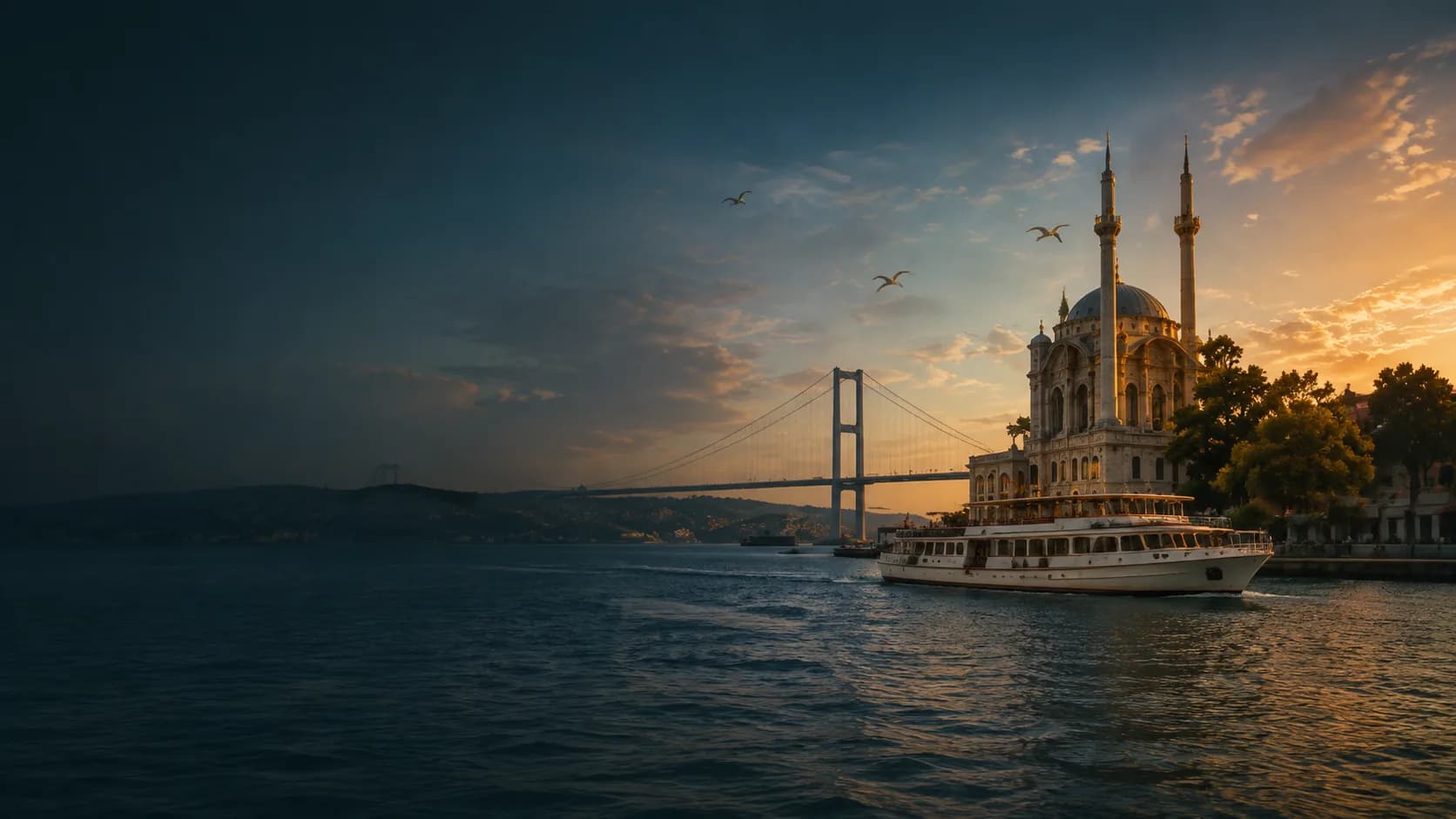 Bosphorus waterfront and Ortaköy Mosque in Istanbul at golden hour